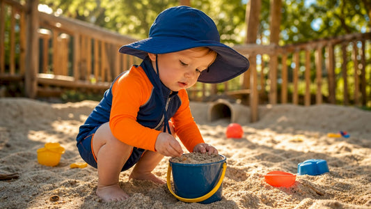 Toddler playing outdoors wearing UPF 50 clothing