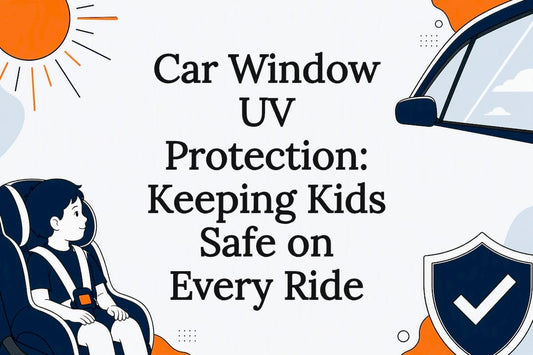 Decorative title card illustration with sun, child, car window, and shield icons