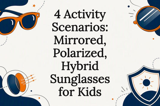 Decorative title card illustration of kids' sunglasses types