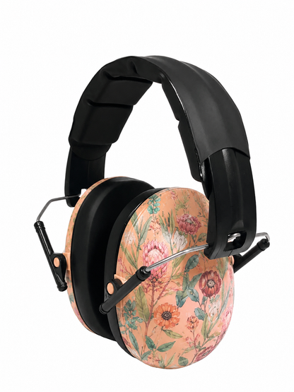 Kids hearing protection earmuffs with black headband and peach floral-print ear cups