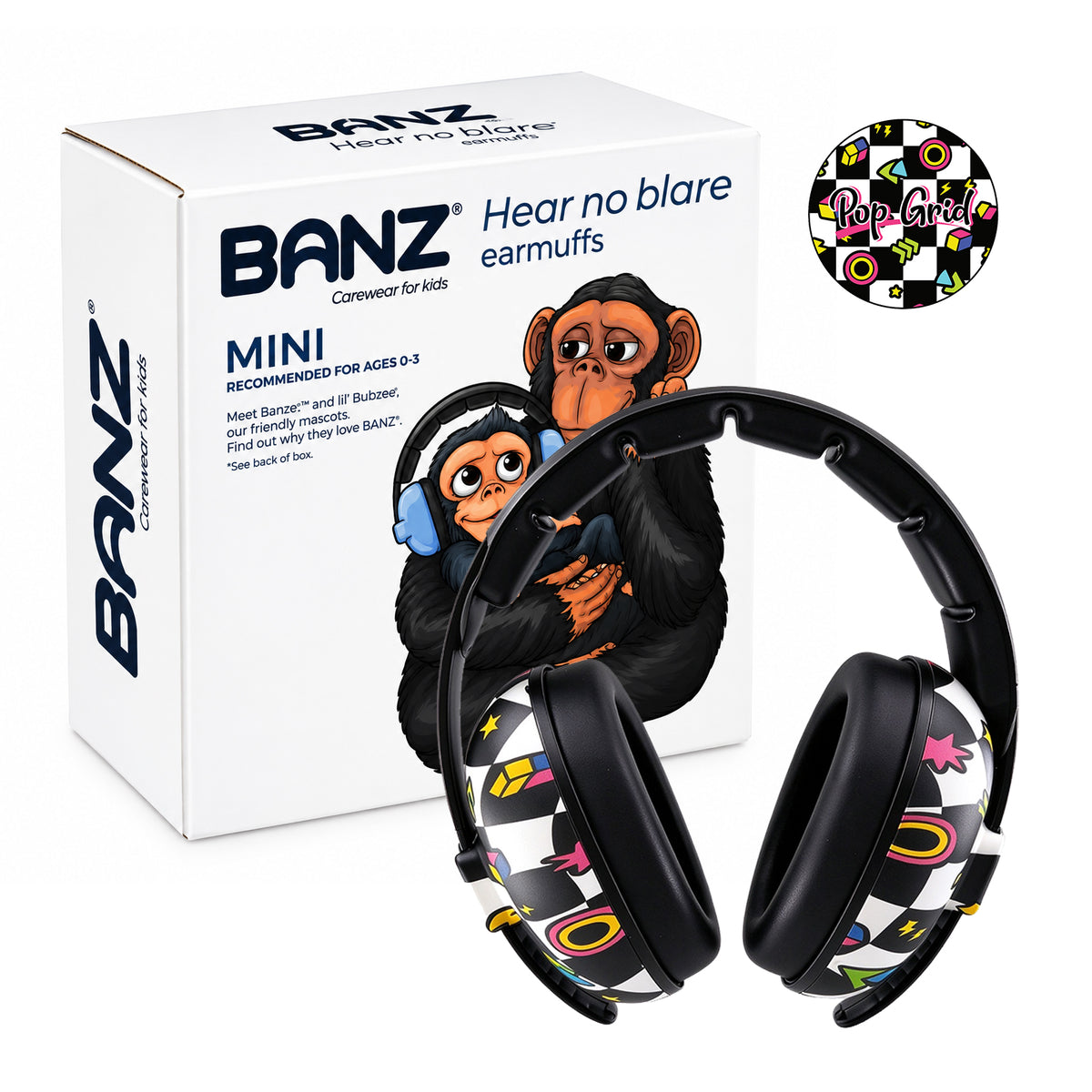 BANZ Mini baby earmuffs in Pop Grid print with retail box